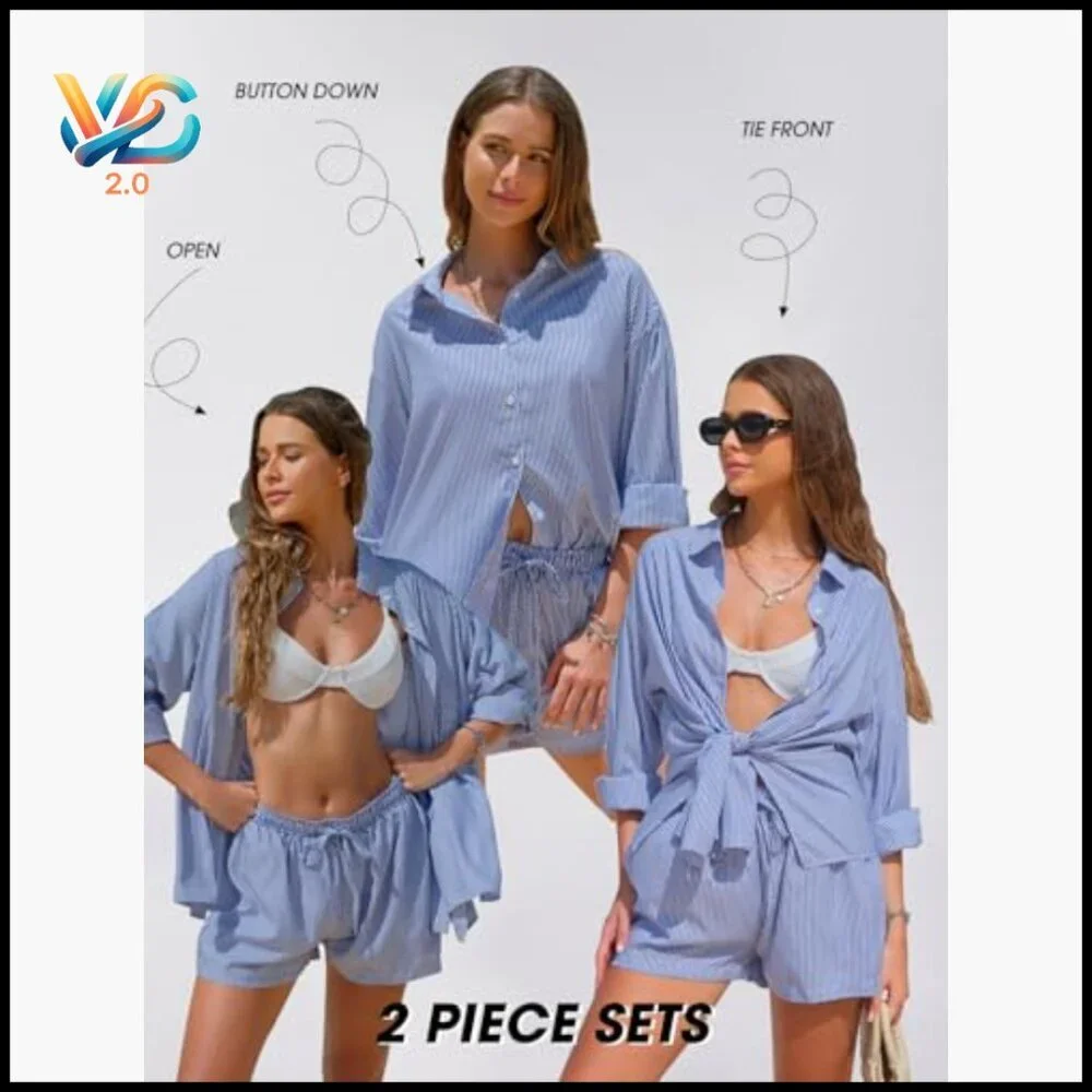 Long Sleeve Button Down Shirt Matching Shorts Set Size Small Cotton Polyester